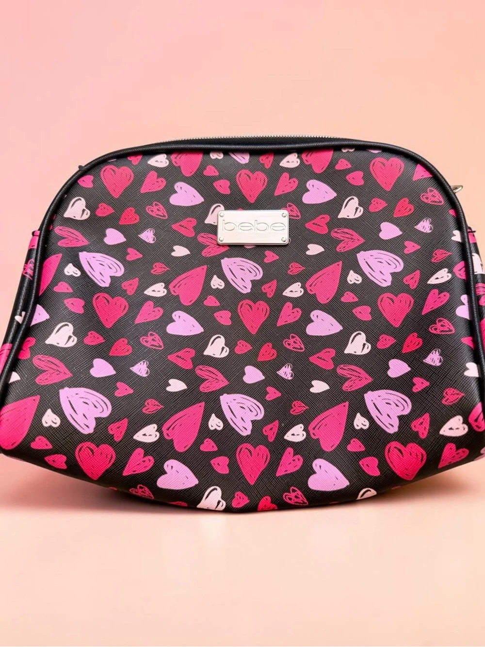 bebe Black Cosmetic Bag with Pink & Hot Pink Heart Print